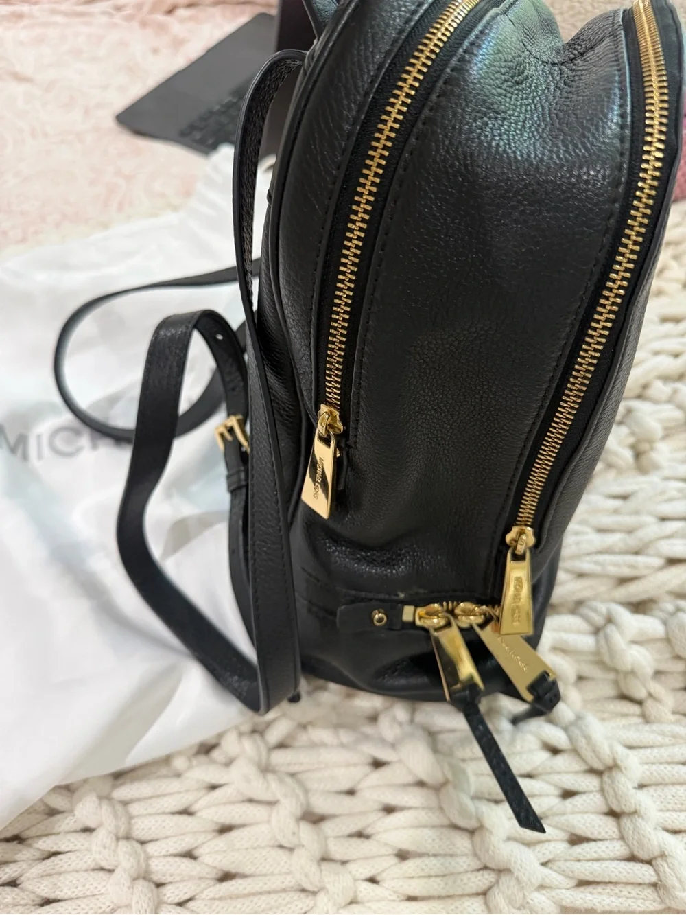 Michael Kors Black Leather Backpack with Gold-Tone Hardware